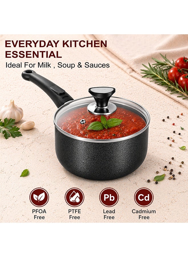 SONEX Non-Stick Royal Saucepan – 16 cm (1.5 Ltr) – Premium Aluminum, Tempered Glass Lid, Heat-Resistant Bakelite Handle & Knob, Hard Enamel Exterior, Durable & Dishwasher Safe - Image 5