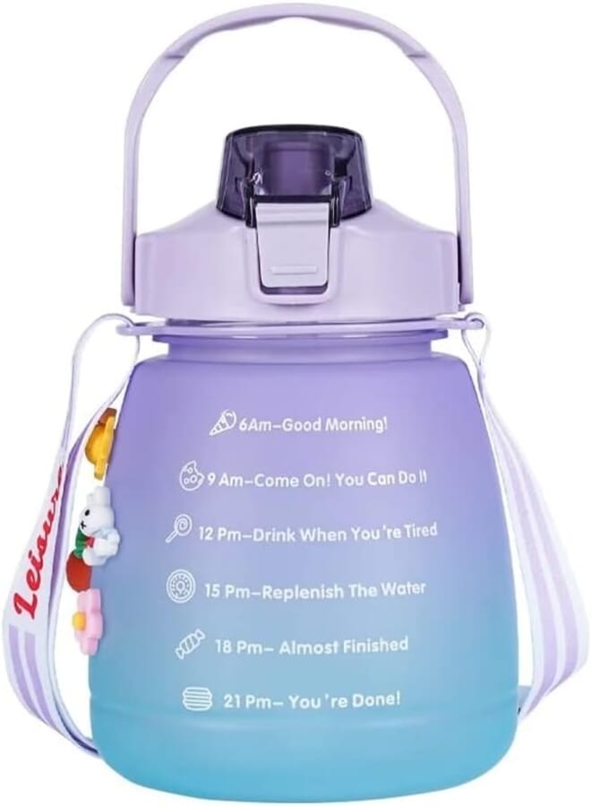 VDNSI 1500ml Cute Water Bottles with Straws and Shoulder Strap Stickers Big Pot Belly Water Bottle for Girls Kids School Belly Bottle for Office Camping Sports Travel Gym Fitness Bottle 1 PCS (Purple)