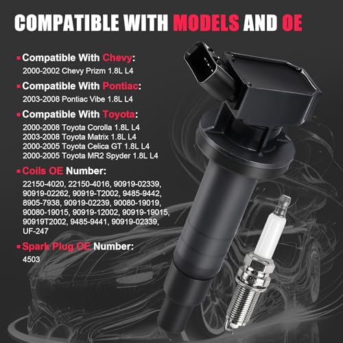 TXROMTZ 4pcs Ignition Coil & Spark Plug Compatible with Toyota Corolla Matrix Pontiac Vibe 1.8L L4 2000 2001 2002 2003 2004 2005 2006 2007 2008 Coil Pack Replaces# UF315 C1249 UF247 - Image 5