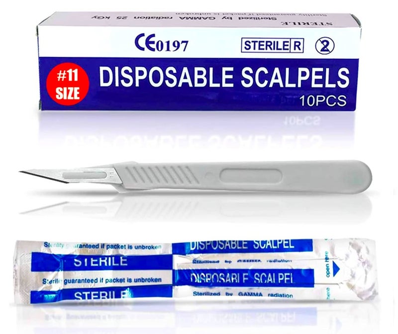 MedHelp Disposable Scalpel 11 Disposable Dermaplaning Blades with Plastic Handle, High Carbon Steel Dermablade Surgical Blades. Individually Wrapped 11 Blade, Sterile - Box of 10 - Image 1