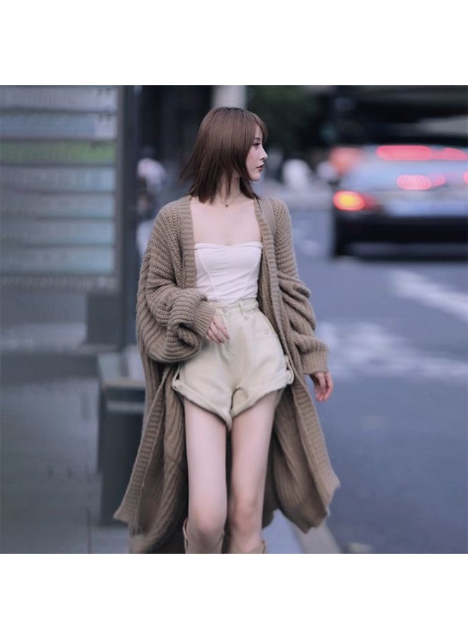 Autumn And Winter Korean Style Lazy Style Mid-length Thick Woolen Sweater Jacket For Women Loose Long-sleeved Knitted Cardigan Thickeneded Gray