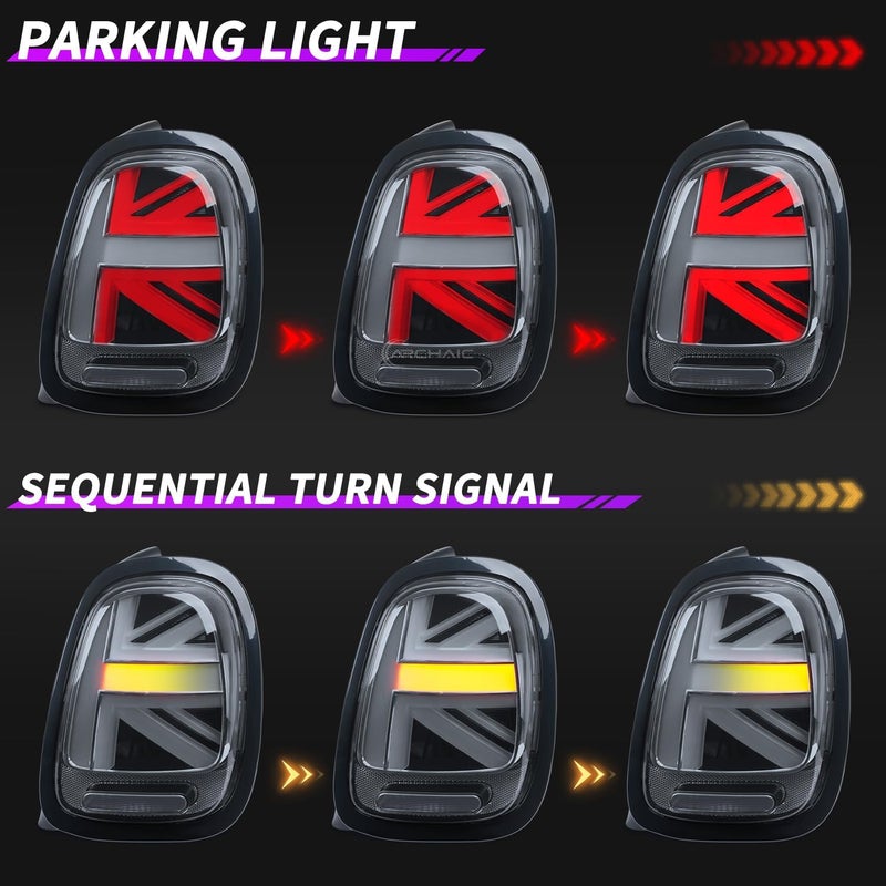 Archaic Tail Lights Assembly for Mini Cooper F55-57 with Sequential Turn Signal Light - Full LED Union Jack Design (2014-2021) - Image 3