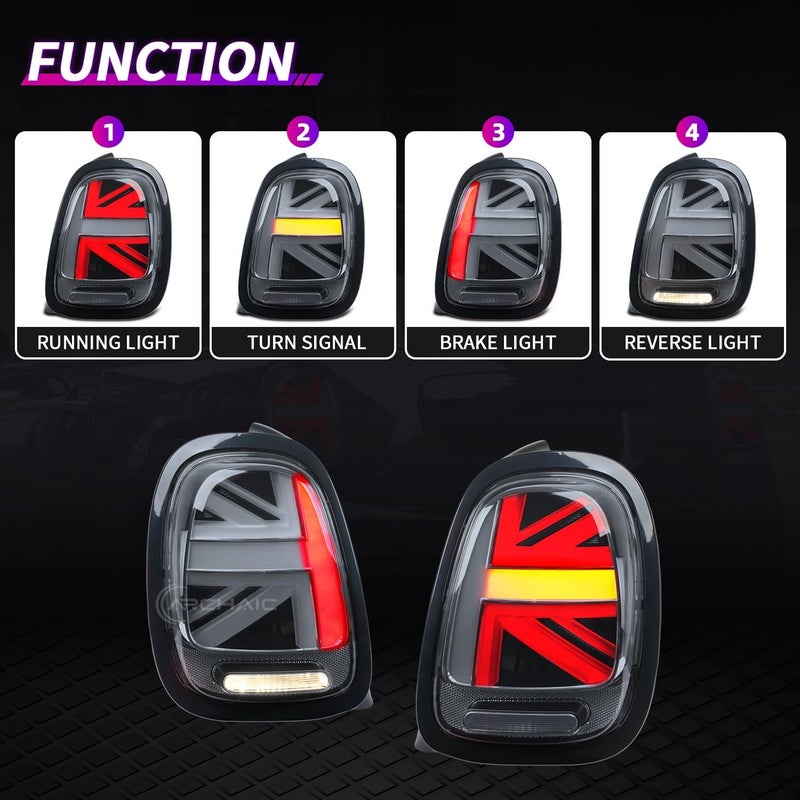 Archaic Tail Lights Assembly for Mini Cooper F55-57 with Sequential Turn Signal Light - Full LED Union Jack Design (2014-2021) - Image 2