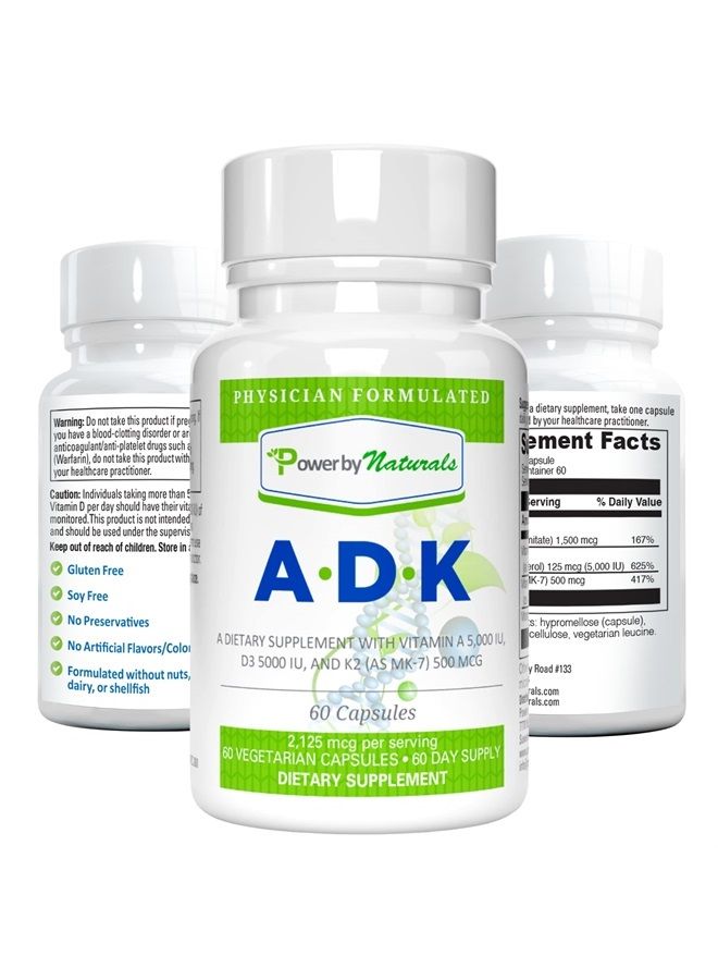 ADK Vitamin Supplements with Vitamin A, Vitamin D3 5000 iu, and Vitamin K2 as MK-7, 60 Capsules (2 Month Supply)