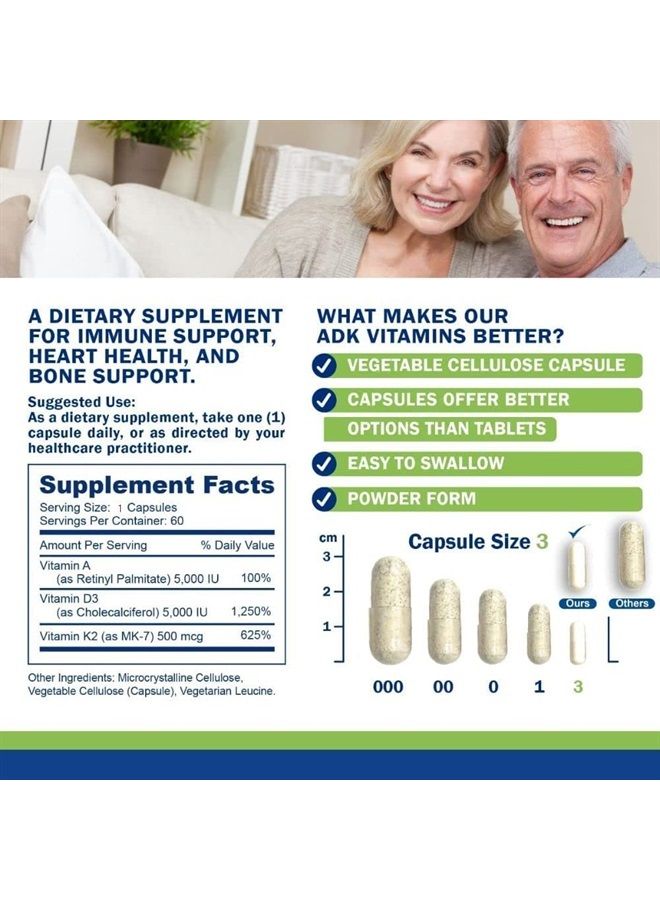 ADK Vitamin Supplements with Vitamin A, Vitamin D3 5000 iu, and Vitamin K2 as MK-7, 60 Capsules (2 Month Supply)