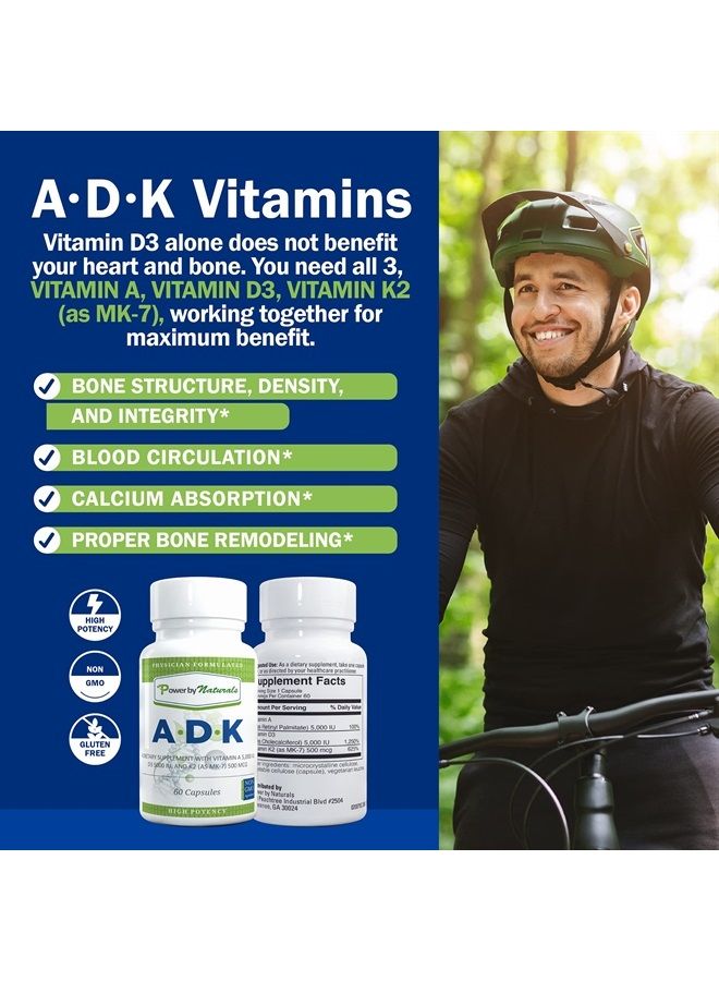 ADK Vitamin Supplements with Vitamin A, Vitamin D3 5000 iu, and Vitamin K2 as MK-7, 60 Capsules (2 Month Supply)
