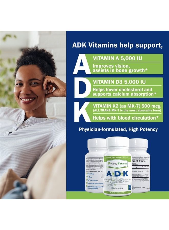 ADK Vitamin Supplements with Vitamin A, Vitamin D3 5000 iu, and Vitamin K2 as MK-7, 60 Capsules (2 Month Supply)
