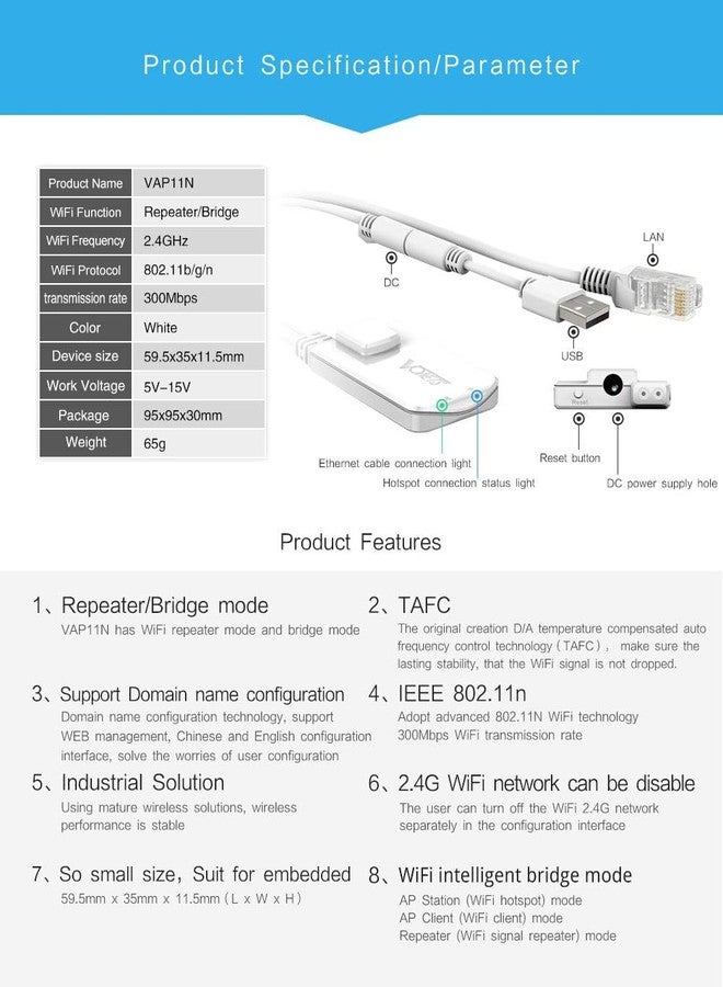 Vonets VAP11N-300 Mini WiFi Bridge Ethernet/WLAN to LAN/WLAN Repeater 300Mbps 802.11b/g/n for network devices that need WiFi connection with access point function - Image 3