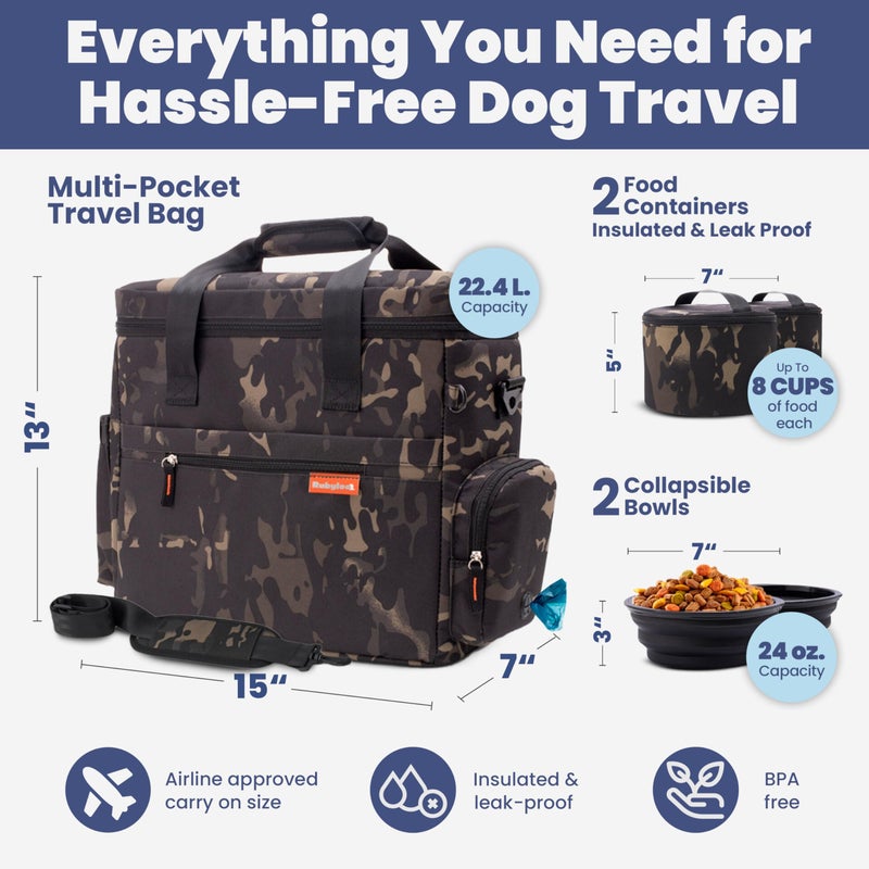 rubyloo The Original Doggy Bagâ„¢ - Complete Dog Travel Bag for Supplies with 2 BPA-Free Travel Dog Bowls & 2 Pet Food Containers - Traveling Kit for Road Trips, Camping, Weekend Away or Doggy Gift: Camo - Image 3