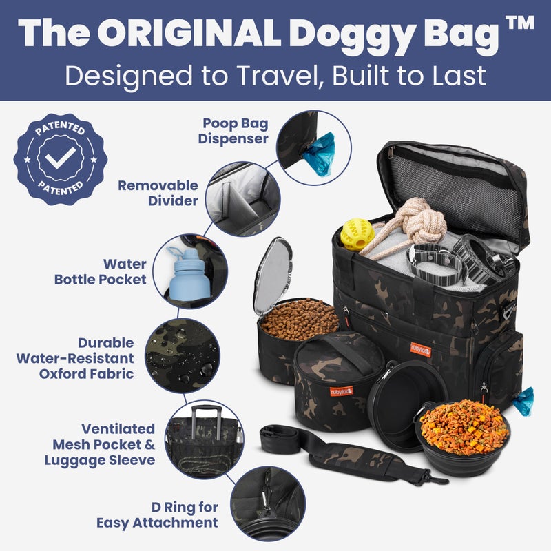 rubyloo The Original Doggy Bagâ„¢ - Complete Dog Travel Bag for Supplies with 2 BPA-Free Travel Dog Bowls & 2 Pet Food Containers - Traveling Kit for Road Trips, Camping, Weekend Away or Doggy Gift: Camo - Image 2