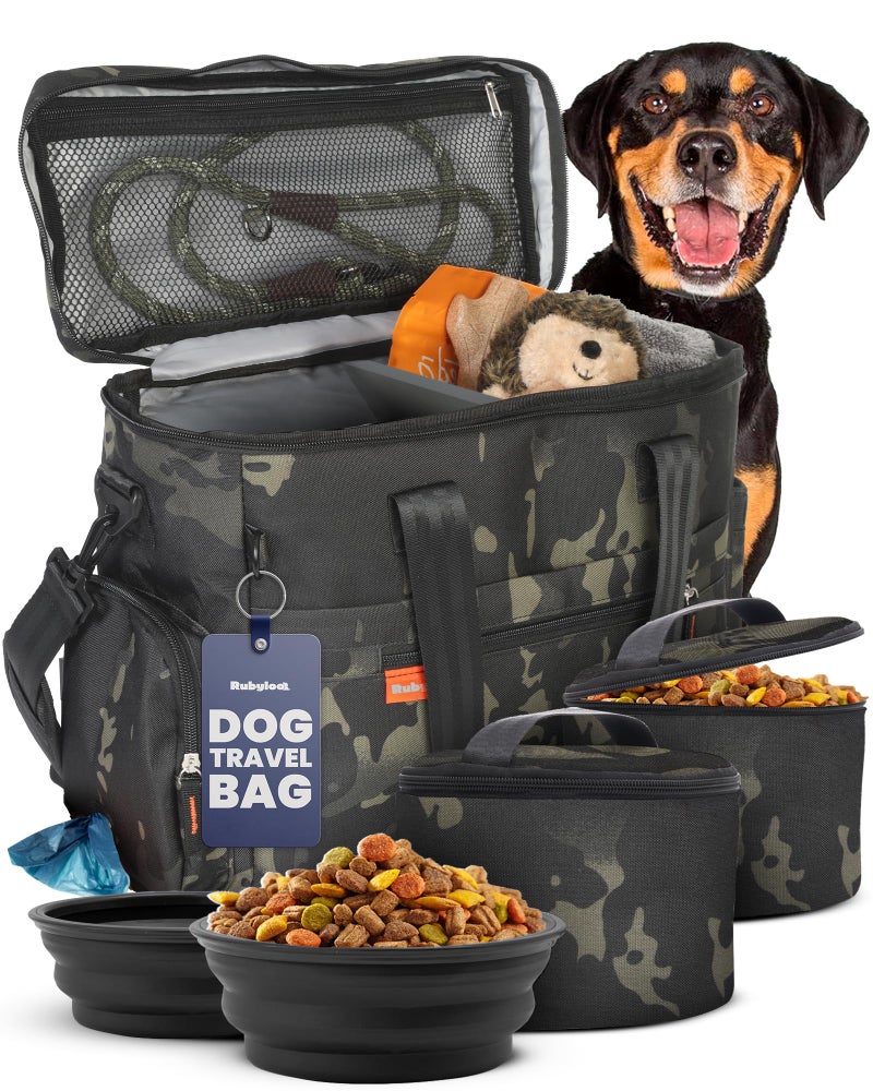 rubyloo The Original Doggy Bagâ„¢ - Complete Dog Travel Bag for Supplies with 2 BPA-Free Travel Dog Bowls & 2 Pet Food Containers - Traveling Kit for Road Trips, Camping, Weekend Away or Doggy Gift: Camo - Image 1