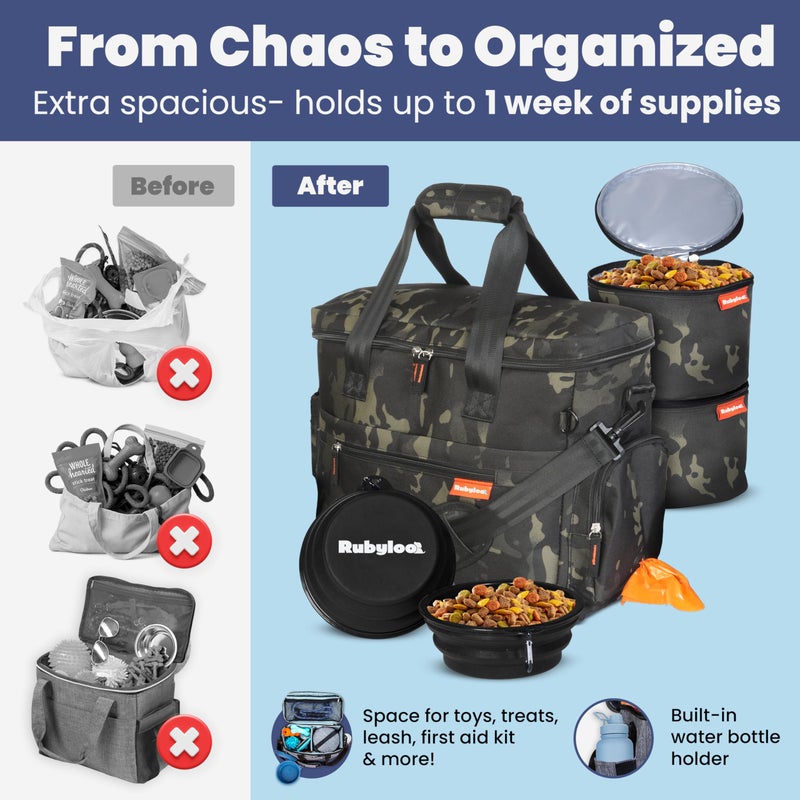 rubyloo The Original Doggy Bagâ„¢ - Complete Dog Travel Bag for Supplies with 2 BPA-Free Travel Dog Bowls & 2 Pet Food Containers - Traveling Kit for Road Trips, Camping, Weekend Away or Doggy Gift: Camo - Image 5