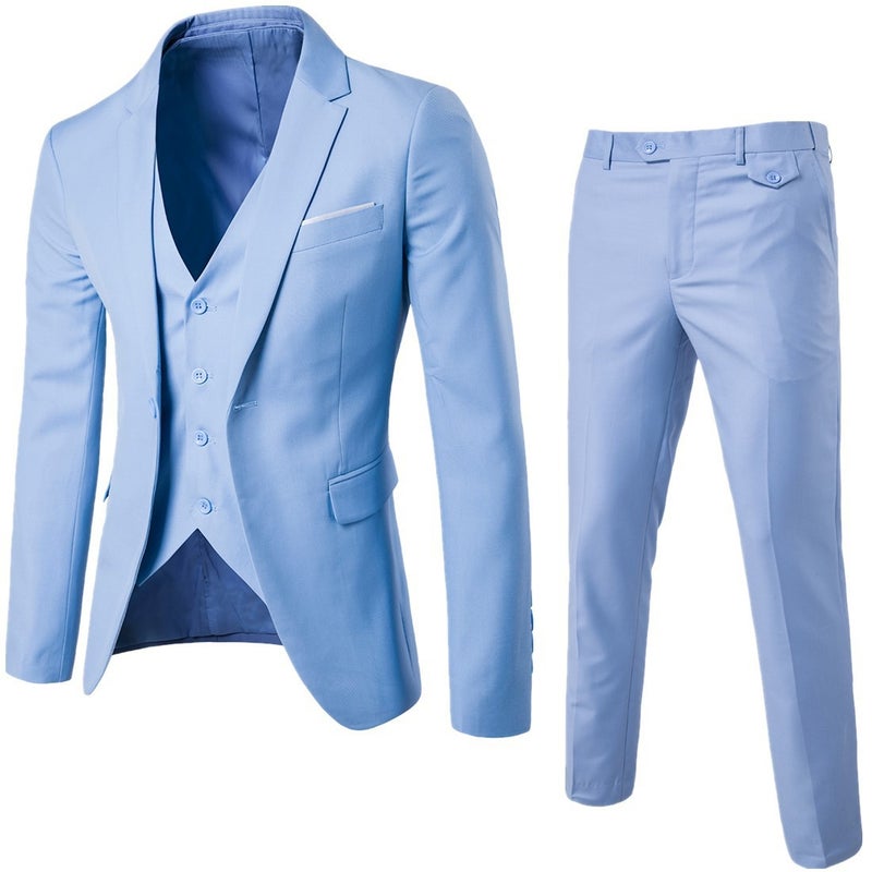 Suit mens suit business slim-fit formal suit three-piece suit bridegroom best man wedding professional work suit jacket men Light blue 