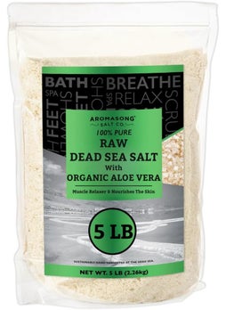 Aromasong Aromasong 5 lbs Raw Dead Sea Salt with Organic Aloe Vera not Cleaned Still Contains All Dead sea Minerals Including Dead sea Mud Fine Medium Grain Large resealable Bulk Pack Packaging May Vary 