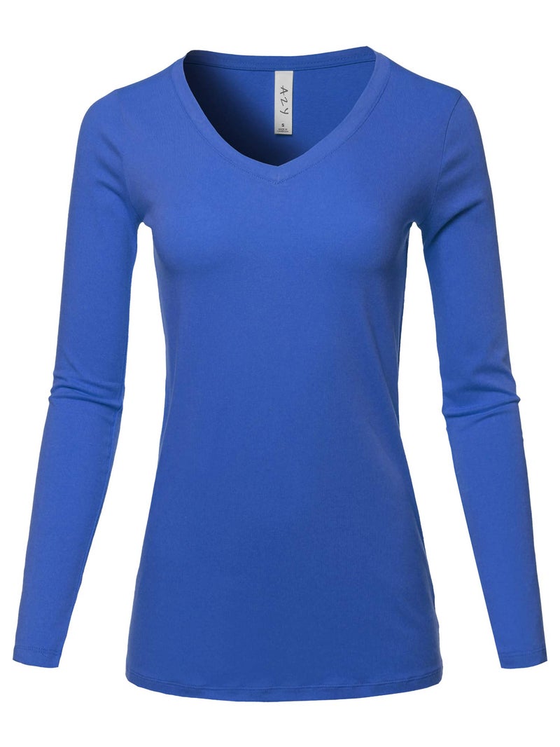 A2Y Basic Solid Soft Cotton Long Sleeve V-Neck Top T-Shirt Sapphire Size M - Image 1