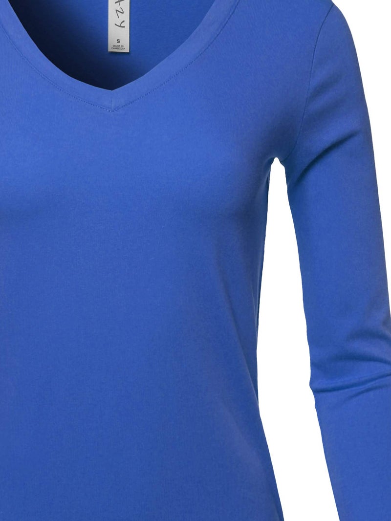 A2Y Basic Solid Soft Cotton Long Sleeve V-Neck Top T-Shirt Sapphire Size M - Image 4