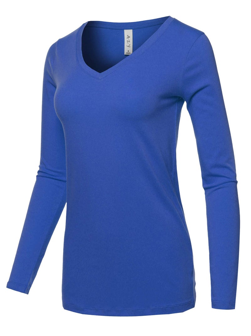 A2Y Basic Solid Soft Cotton Long Sleeve V-Neck Top T-Shirt Sapphire Size M - Image 2