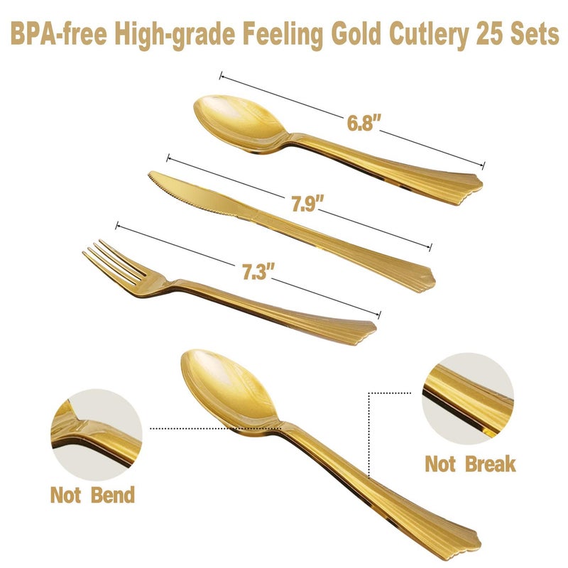 AIRE 175PCS White and Gold Party Supplies  Severs 25 Disposable Party Dinnerware  Gold Plastic Forks Knives Spoons and Golden Dot Paper Plates  White Napkins Cups for Graduation  Birthday  Wedding - Image 3