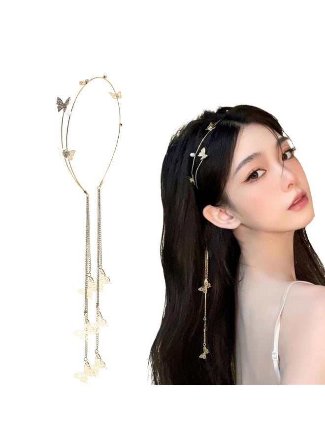 طوق رأس ذهبي مزين بشرابة كريستالية لحفلات الزفاف، أقراط صناعية مرصعة بأحجار الراين اللامعة، سلسلة شعر، طوق شعر، إكسسوارات شعر للنساء والفتيات - Image 1