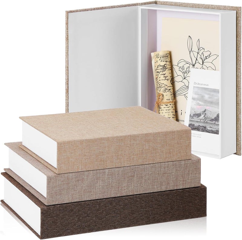 Tioncy 3 Pcs Fake Book Box Neutral Linen Book Box Decorative Faux Prop Storage for Farmhouse Home Decor shelf Table Card Photo DIY Keepsake Gift(Multi Sizes,Khaki, Dark Coffee, Light Coffee) - Image 1