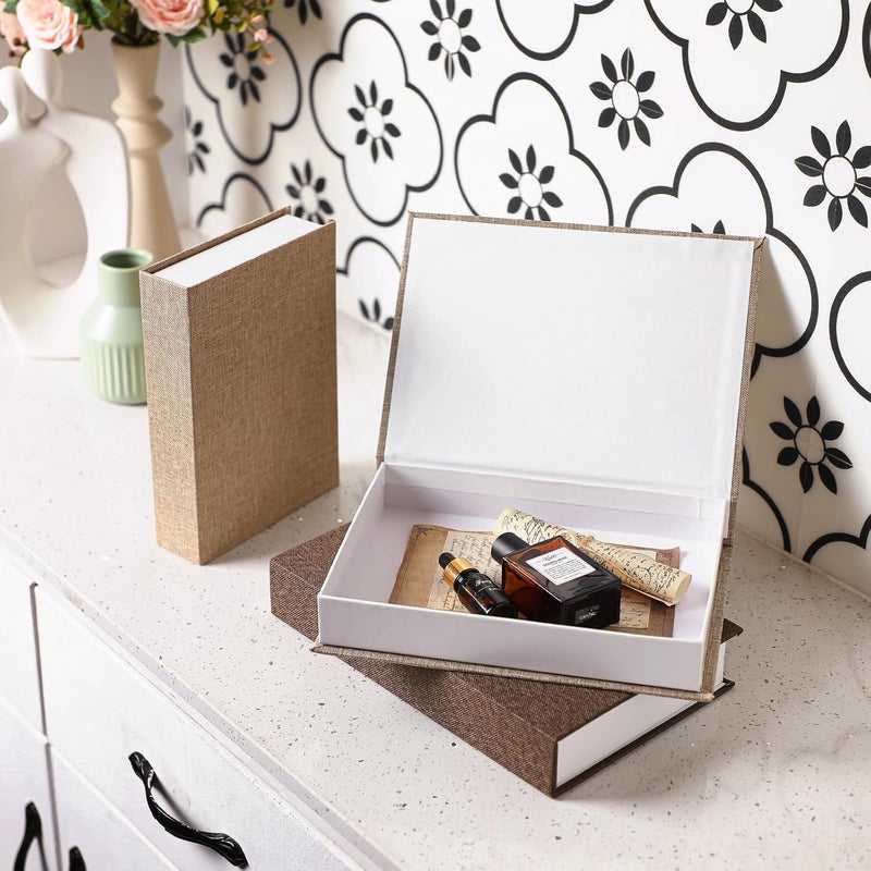 Tioncy 3 Pcs Fake Book Box Neutral Linen Book Box Decorative Faux Prop Storage for Farmhouse Home Decor shelf Table Card Photo DIY Keepsake Gift(Multi Sizes,Khaki, Dark Coffee, Light Coffee) - Image 4