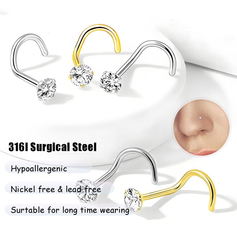 GingYing Nose Rings Studs: 8Pcs 20G Gold/Silver 316L Surgical Steel Nose Studs Hypoallergenic Corkscrew Nose Piercing Stud Jewelry for Women Men Clear Cubic Zirconia Imitation Diamond 1.5mm 2mm 2.5mm 3mm - Image 2