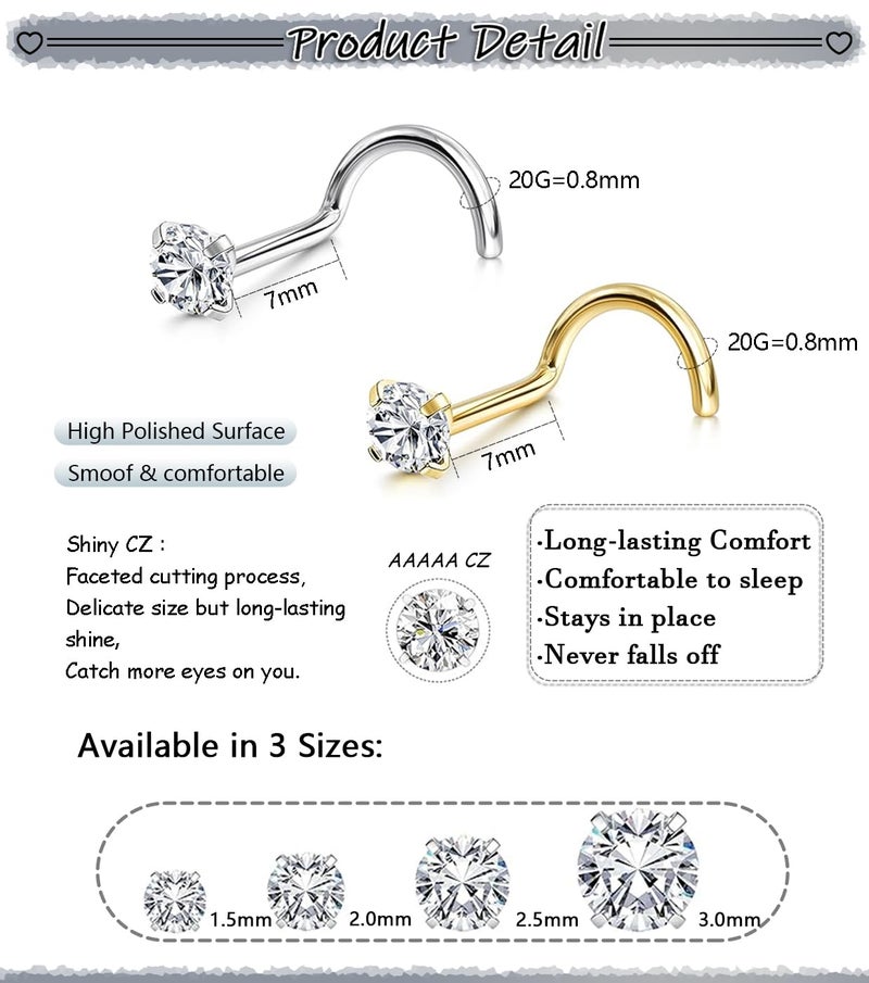 GingYing Nose Rings Studs: 8Pcs 20G Gold/Silver 316L Surgical Steel Nose Studs Hypoallergenic Corkscrew Nose Piercing Stud Jewelry for Women Men Clear Cubic Zirconia Imitation Diamond 1.5mm 2mm 2.5mm 3mm - Image 1