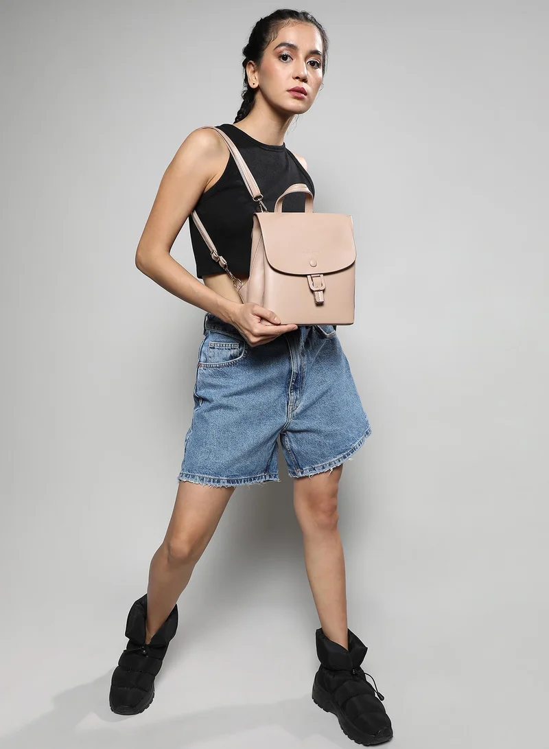 صوص هاوت Haute Sauce Women's The Buckle Flap Backpack For Casual Wear | Beige Colour | One-Size | Magnetic Closure | Solid Pattern | Vegan Leather Material | Backpack For Woman & Girls