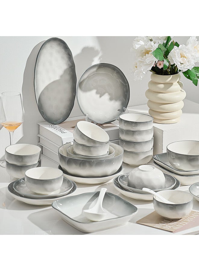 Treejack Smoky Rain Jiangnan Ceramic Bowl And Plate Dinnerware Set For Home Use, Rice Noodle Soup Bowls, Plates, Chopsticks, Soup Spoons, 19-piece Set