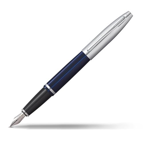 Cross Calais Chrome & Blue Refillable Fountain Pen – Medium Point, Black Ink, Smooth Writing, Presented in a Luxury Gift Box - Image 1