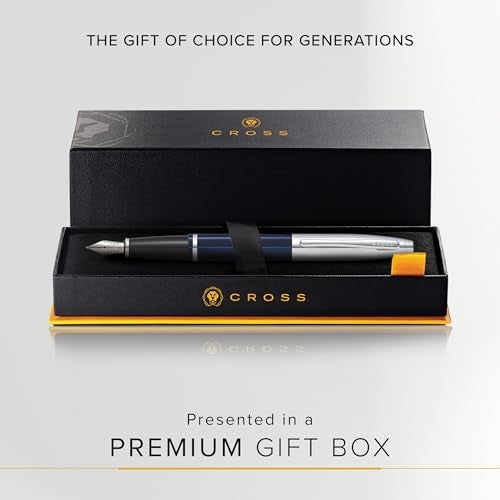 Cross Calais Chrome & Blue Refillable Fountain Pen – Medium Point, Black Ink, Smooth Writing, Presented in a Luxury Gift Box - Image 4
