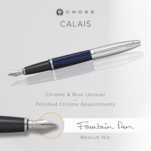 Cross Calais Chrome & Blue Refillable Fountain Pen – Medium Point, Black Ink, Smooth Writing, Presented in a Luxury Gift Box - Image 2