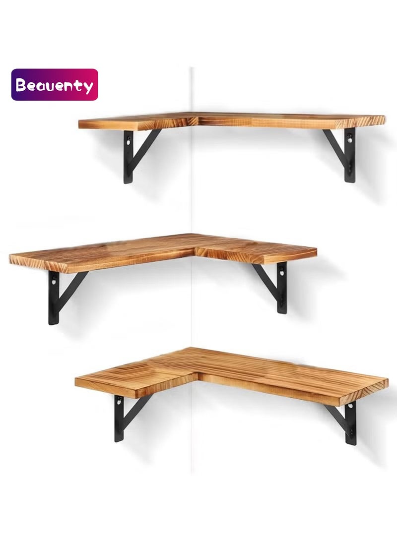 Beauenty Set of 3 L-Shape Solid Wood Wall Corner Floating Shelves, Rustic Wall-Mounted Home Display Organizer Hanging Storage for Bedroom Living Room Bathroom Kitchen Kids Room Office (Pine) - Image 1
