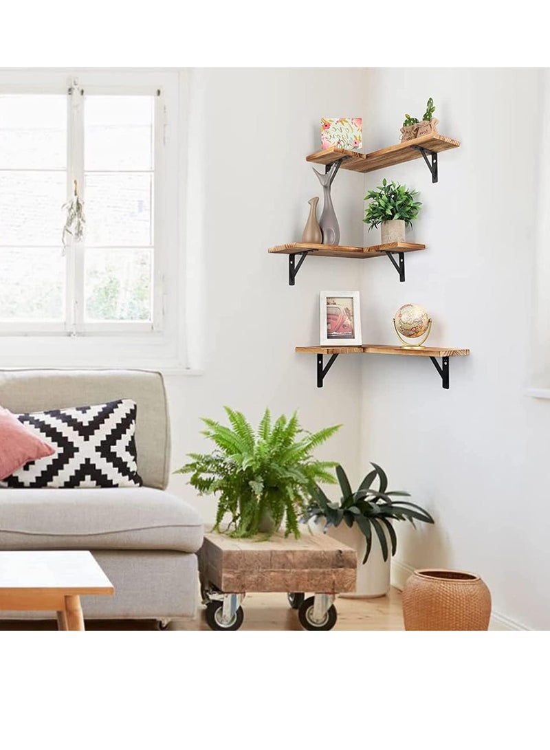 Beauenty Set of 3 L-Shape Solid Wood Wall Corner Floating Shelves, Rustic Wall-Mounted Home Display Organizer Hanging Storage for Bedroom Living Room Bathroom Kitchen Kids Room Office (Pine) - Image 2