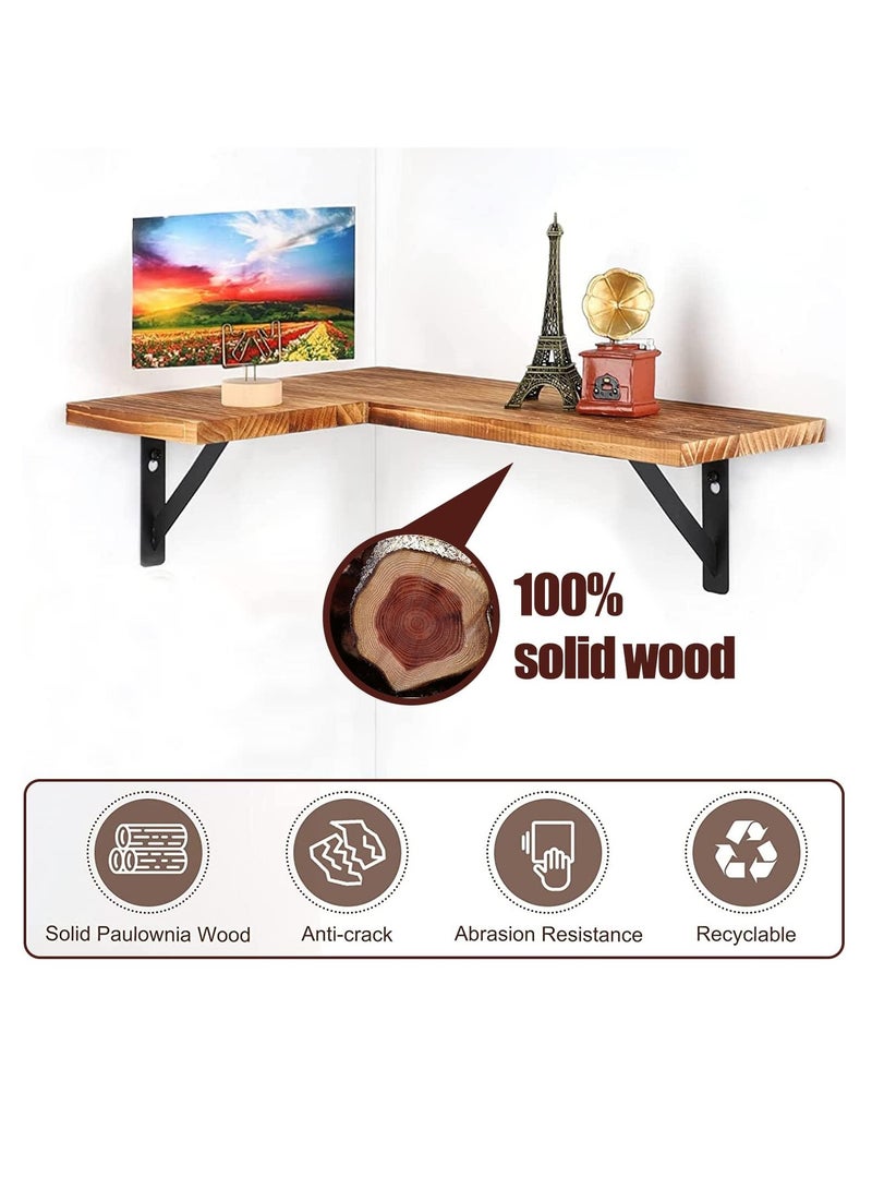 Beauenty Set of 3 L-Shape Solid Wood Wall Corner Floating Shelves, Rustic Wall-Mounted Home Display Organizer Hanging Storage for Bedroom Living Room Bathroom Kitchen Kids Room Office (Pine) - Image 4