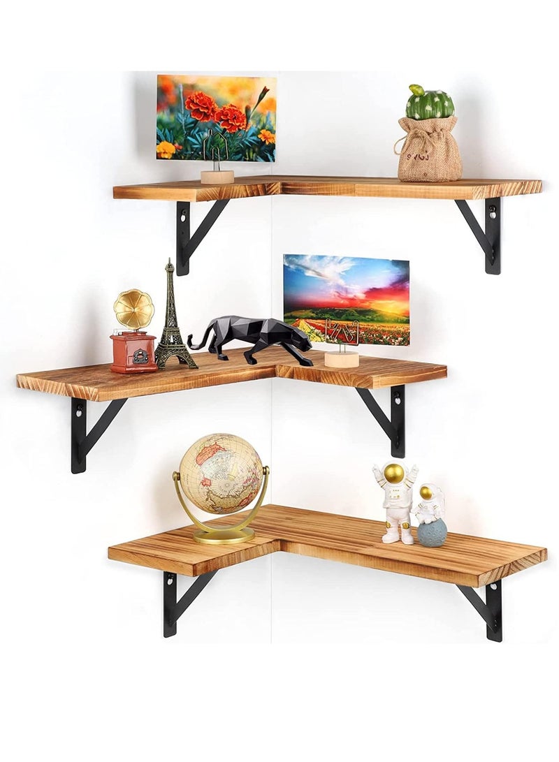 Beauenty Set of 3 L-Shape Solid Wood Wall Corner Floating Shelves, Rustic Wall-Mounted Home Display Organizer Hanging Storage for Bedroom Living Room Bathroom Kitchen Kids Room Office (Pine) - Image 3