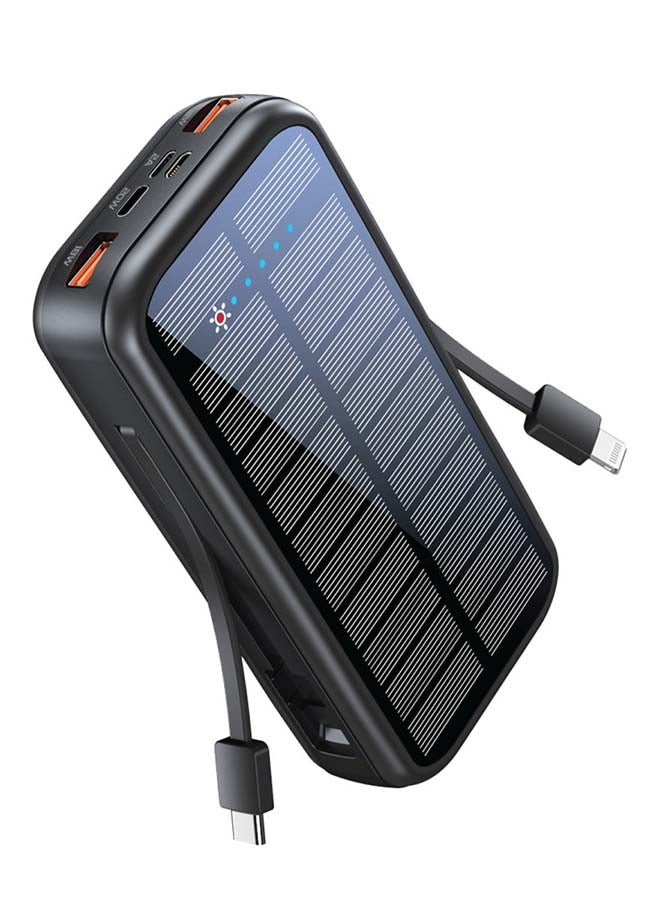 Solar Power Bank, Portable 20000mAh Battery Charger with Built-in 5V/2.1A USB-C and Lightning Cables, 20W USB-C Power Delivery and Dual QC 3.0 Ports for iPhone 13, Galaxy S22, SolarTank-20PDCi Black