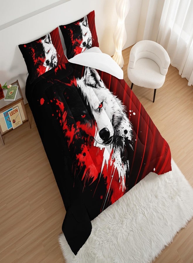 HOSIMA Wolf Bedding Sets Full,Red Black Background A Wolf in Middle Printed Teen Comforter Set Boys,Fluffy Wolf Pattern Animal Bedding for Kids Boys Girls Room Decor with 2 Pillowcases. - Image 3