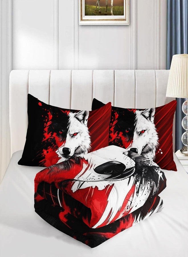 HOSIMA Wolf Bedding Sets Full,Red Black Background A Wolf in Middle Printed Teen Comforter Set Boys,Fluffy Wolf Pattern Animal Bedding for Kids Boys Girls Room Decor with 2 Pillowcases. - Image 5