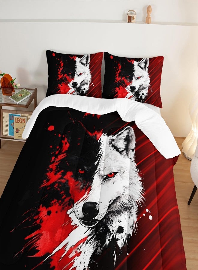 HOSIMA Wolf Bedding Sets Full,Red Black Background A Wolf in Middle Printed Teen Comforter Set Boys,Fluffy Wolf Pattern Animal Bedding for Kids Boys Girls Room Decor with 2 Pillowcases. - Image 4