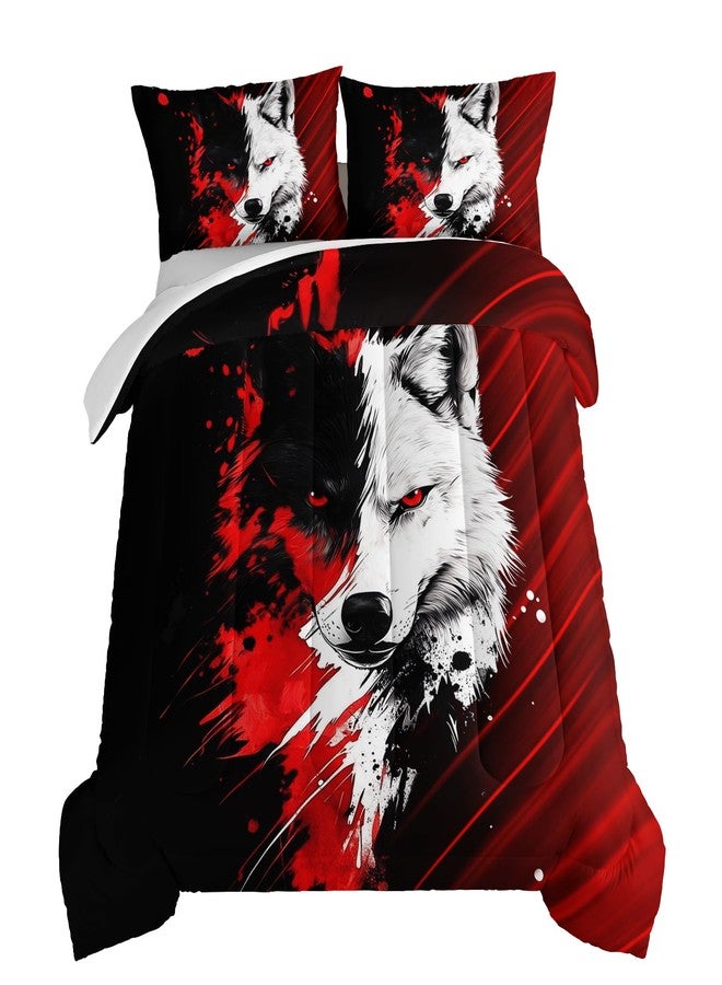 HOSIMA Wolf Bedding Sets Full,Red Black Background A Wolf in Middle Printed Teen Comforter Set Boys,Fluffy Wolf Pattern Animal Bedding for Kids Boys Girls Room Decor with 2 Pillowcases. - Image 2
