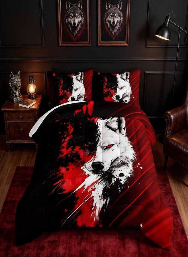 HOSIMA Wolf Bedding Sets Full,Red Black Background A Wolf in Middle Printed Teen Comforter Set Boys,Fluffy Wolf Pattern Animal Bedding for Kids Boys Girls Room Decor with 2 Pillowcases. - Image 1