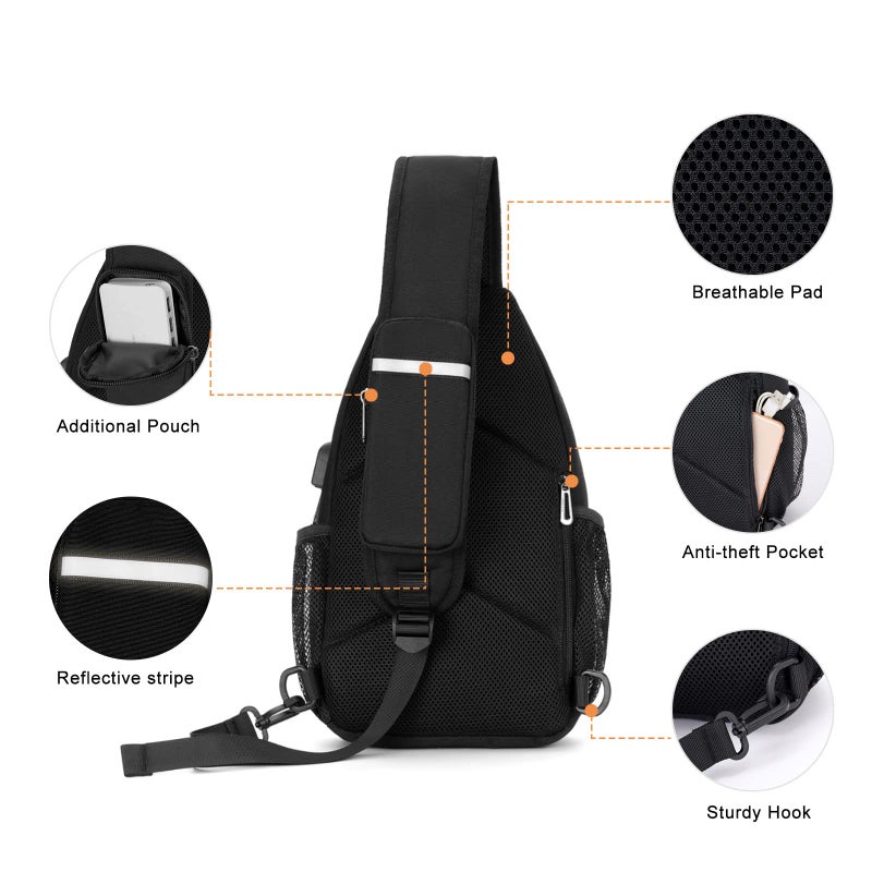 MOSISO Sling Backpack Bag, Crossbody Shoulder Bag Travel Hiking Daypack Chest Bag with Front Square Pocket&USB Charging Port, Black - Image 4