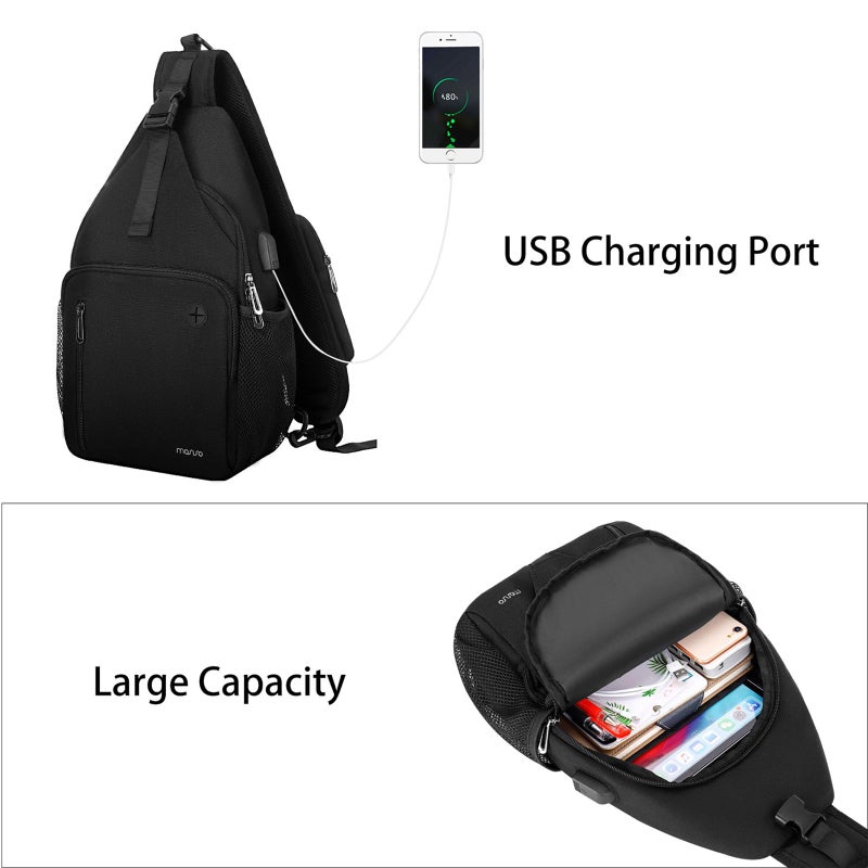 MOSISO Sling Backpack Bag, Crossbody Shoulder Bag Travel Hiking Daypack Chest Bag with Front Square Pocket&USB Charging Port, Black - Image 2