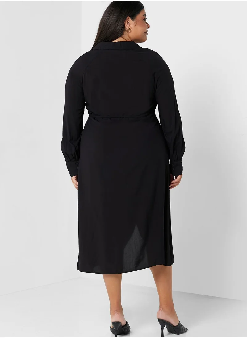 Only Carmakoma Belted Button Detail Puff Sleeve Dress