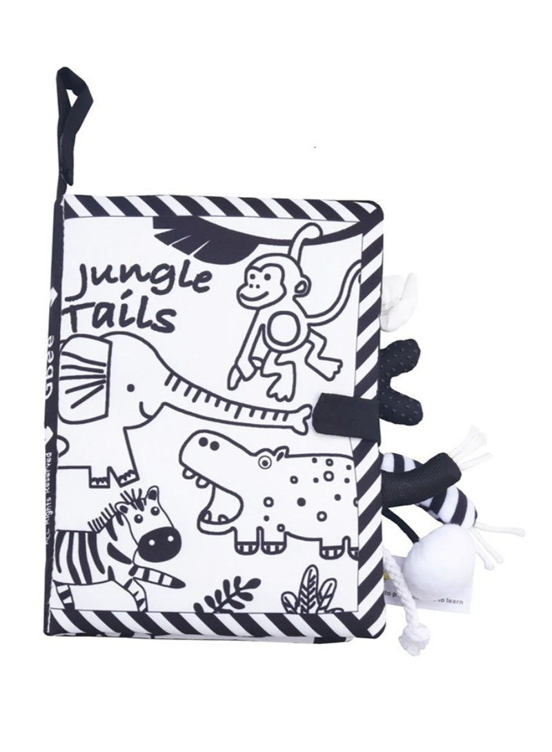 Jingke Baby Animal Tail Cloth Book Educational Toy Book Tear-resistant Baby Cloth Book Enlightenment Early Education Toy Book,Black White Jungle Tail - Image 1