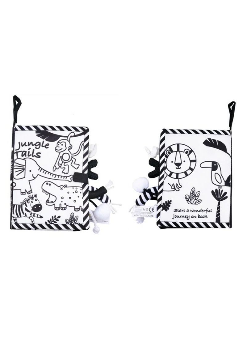 Jingke Baby Animal Tail Cloth Book Educational Toy Book Tear-resistant Baby Cloth Book Enlightenment Early Education Toy Book,Black White Jungle Tail - Image 2