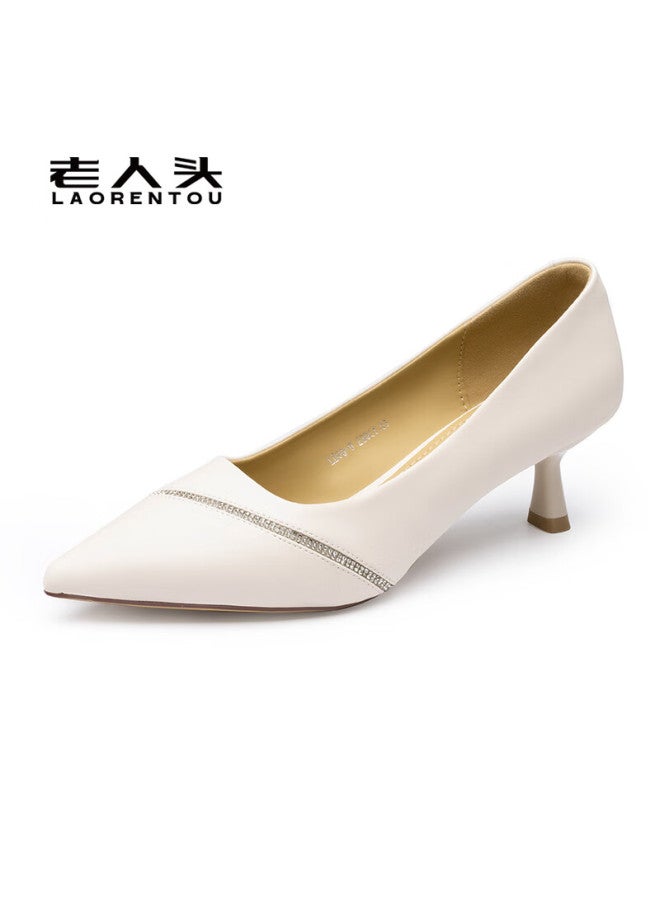 Laorentou Women's High Heel Office Shoes Pointed Toe Block Heel Slip-on Leather Shoes Lb90 Beige Size 38
