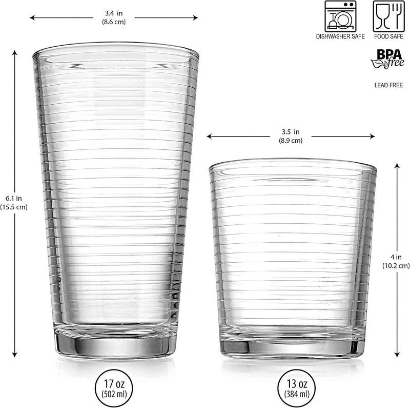 Glaver's Drinking Glasses Set of 12. Everyday Drinking Glasses. Mixed Drinkware Sets 6-17 oz Tall Kitchen Glass Cups, and 6-13 Oz Rocks Glasses. Ribbed Glassware Sets for Cocktail Beer Juice Water. - Image 3