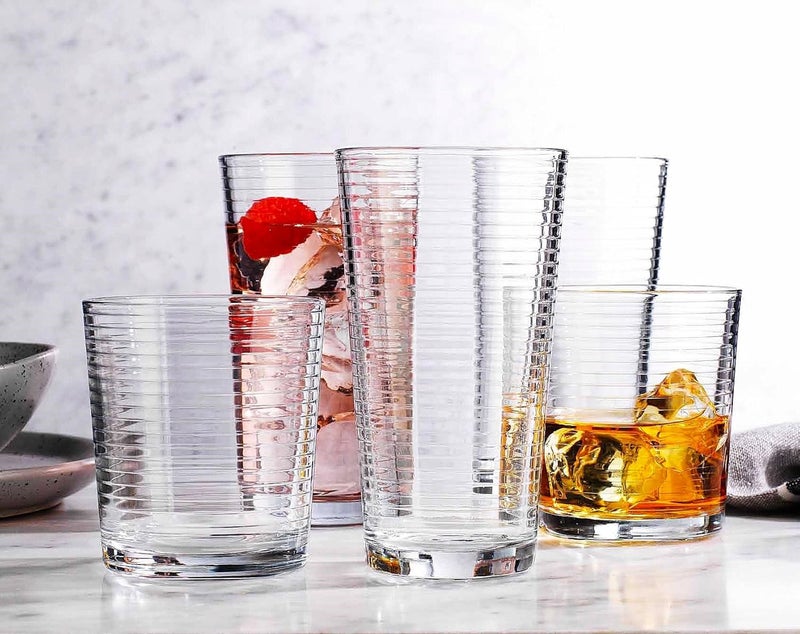 Glaver's Drinking Glasses Set of 12. Everyday Drinking Glasses. Mixed Drinkware Sets 6-17 oz Tall Kitchen Glass Cups, and 6-13 Oz Rocks Glasses. Ribbed Glassware Sets for Cocktail Beer Juice Water. - Image 2